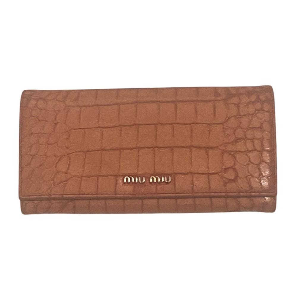 Miu Miu Light Brown/salmon Pink Crocodile Embossed Leather Long Wallet
